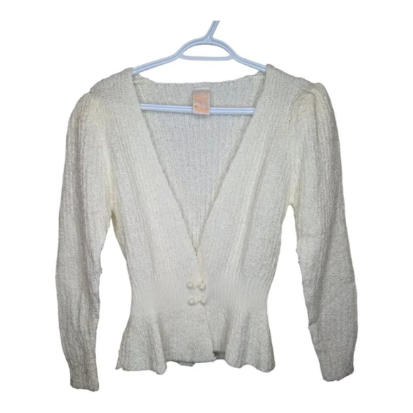 Vintage Glentex Cream Soft Fuzzy Knit Two Button Cardigan Women Medium - Picture 1 of 9